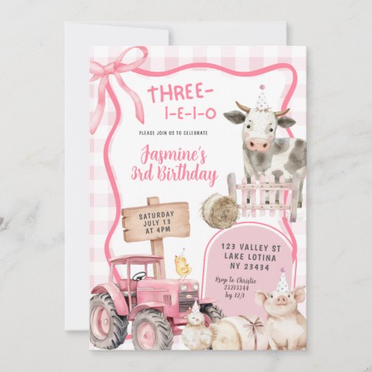 Pink Gingham Farm Birthday  Kaart (Voorkant)