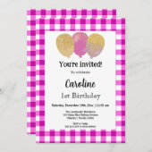 Pink Gingham, feestballonnen 1e verjaardag Kaart (Voorkant / Achterkant)