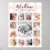 Pink Gingham First Birthday Photo Timeline Poster (Voorkant)