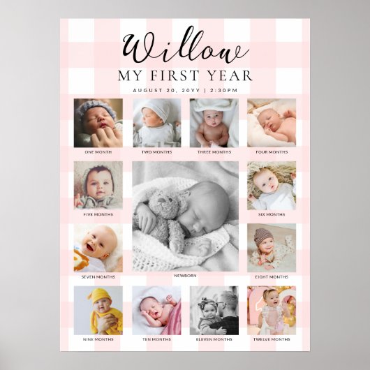 Pink Gingham First Birthday Photo Timeline Poster (Voorkant)