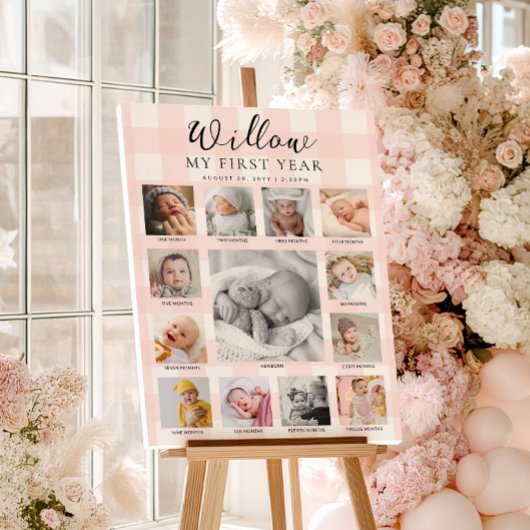 Pink Gingham First Birthday Photo Timeline Poster
