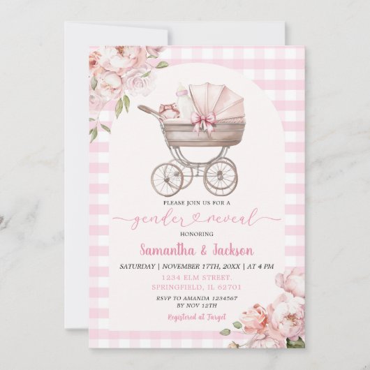 Pink Gingham Floral Baby Carriage Gender Reveal Kaart (Voorkant)