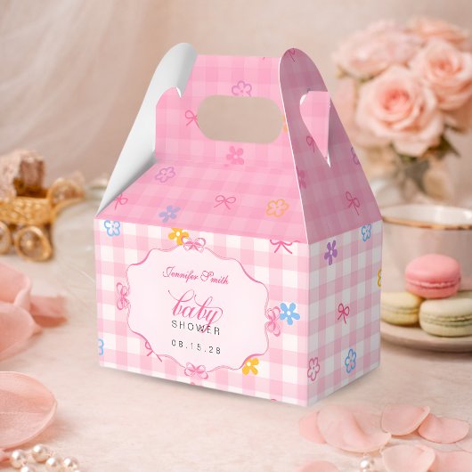Pink Gingham Floral Bow Baby Shower Favor Boxes Bedankdoosjes