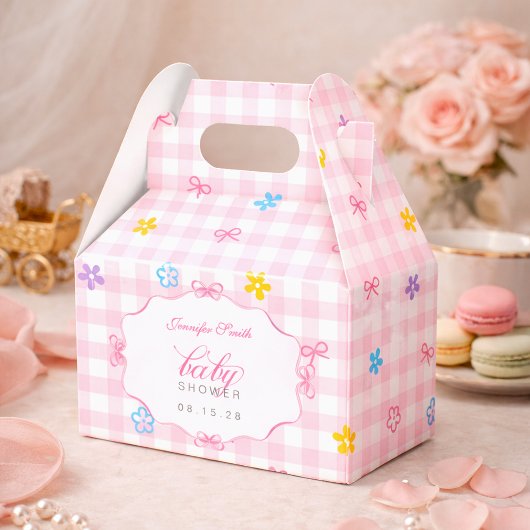 Pink Gingham Floral Bow Baby Shower Favor Boxes Bedankdoosjes