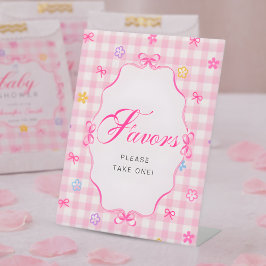 Pink Gingham Floral Bow Baby Shower Favors Sign Reclamebord Met Voetstuk