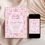 Pink Gingham Floral Bow Baby Shower Invitation Kaart