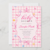 Pink Gingham Floral Bow Baby Shower Invitation Kaart (Voorkant)