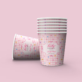 Pink Gingham Floral Bow Baby Shower Paper Cups Papieren Bekers