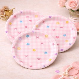 Pink Gingham Floral Bow Baby Shower Paper Plates Papieren Bordje
