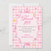 Pink Gingham Floral Bow Baby Shower Thank You Card Bedankkaart (Voorkant)
