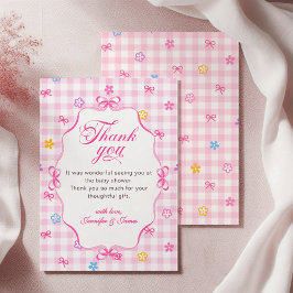 Pink Gingham Floral Bow Baby Shower Thank You Card Bedankkaart