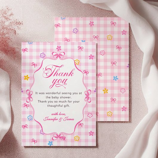 Pink Gingham Floral Bow Baby Shower Thank You Card Bedankkaart