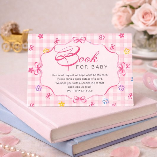 Pink Gingham Floral Bow Book for Baby Insert Card Informatiekaartje