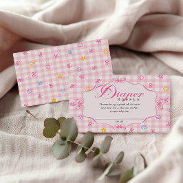 Pink Gingham Floral Bow Diaper Raffle Insert Card Informatiekaartje
