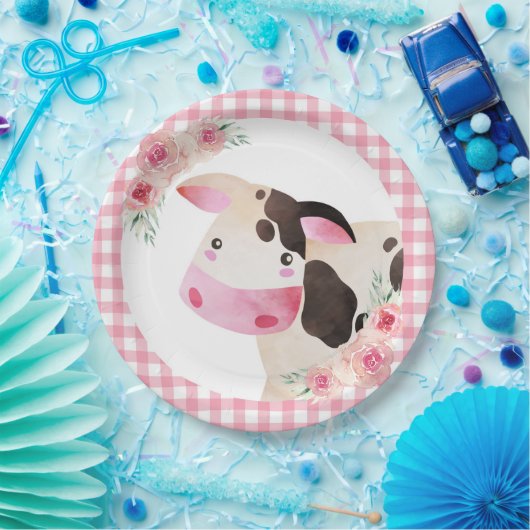 Pink Gingham Floral Koe Boerderij Dier Papieren Bordje (Feest)