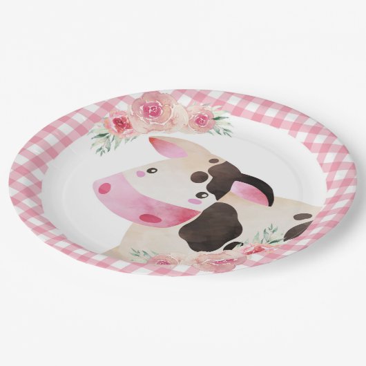 Pink Gingham Floral Koe Boerderij Dier Papieren Bordje (Gekanteld)