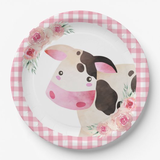 Pink Gingham Floral Koe Boerderij Dier Papieren Bordje (Voorkant)