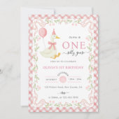 Pink Gingham Floral One Silly Goose 1st Birthday Kaart (Voorkant)