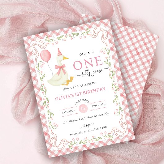 Pink Gingham Floral One Silly Goose 1st Birthday Kaart
