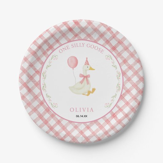 Pink Gingham Floral One Silly Goose 1st Birthday Papieren Bordje (Voorkant)