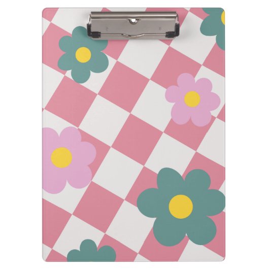 Pink Gingham Floral Pattern – Retro Cute Flower Klembord (Voorkant)