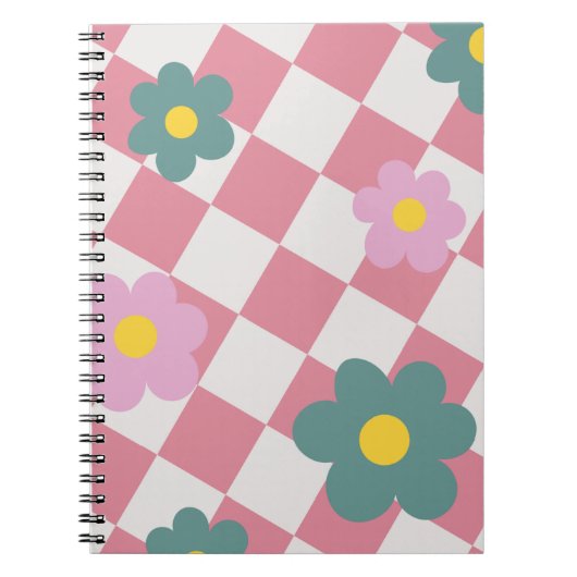 Pink Gingham Floral Pattern – Retro Cute Flower  Notitieboek (Voorkant)