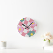 Pink Gingham Floral Pattern – Retro Cute Flower  Ronde Klok (Huis)