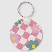 Pink Gingham Floral Pattern – Retro Cute Flower Sleutelhanger (Voorkant)