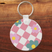 Pink Gingham Floral Pattern – Retro Cute Flower  Sleutelhanger (Achterkant)
