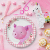 Pink Gingham Floral Pig Boerderij Animal Barnyard Papieren Bordje (Feest)