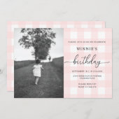 Pink Gingham Foto Birthday Invitation Kaart (Voorkant / Achterkant)