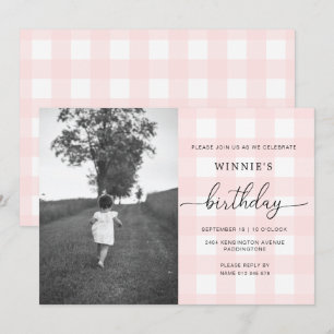 Pink Gingham Foto Birthday Invitation Kaart