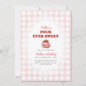 Pink Gingham Four ever Sweet Strawberry Birthday Kaart (Voorkant)