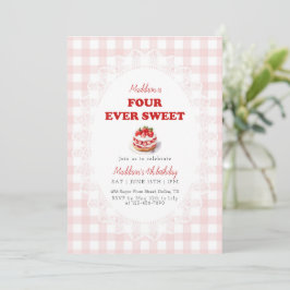 Pink Gingham Four ever Sweet Strawberry Birthday Kaart
