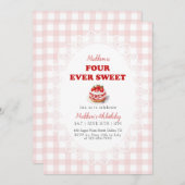Pink Gingham Four ever Sweet Strawberry Birthday Kaart (Voorkant / Achterkant)