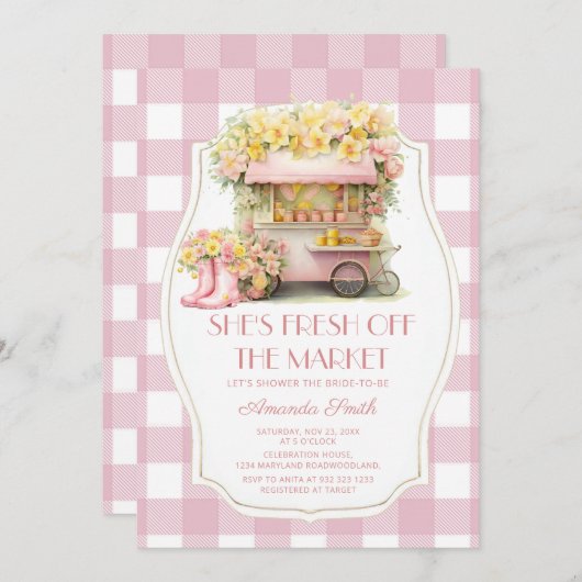 Pink Gingham Fresh Off the Market Vrijgezellenfees Kaart (Voorkant / Achterkant)