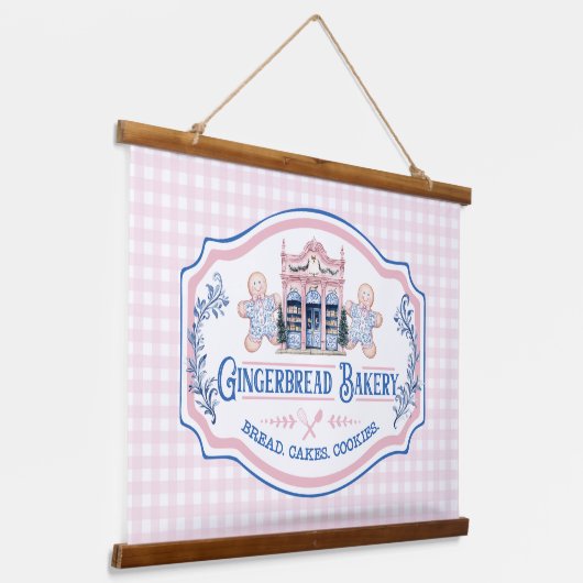 Pink Gingham Gingerbread Bakery Hangend Wandkleed (Gebogen)