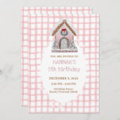 Pink Gingham Gingerbread Verjaardag Uitnodiging (Voorkant / Achterkant)