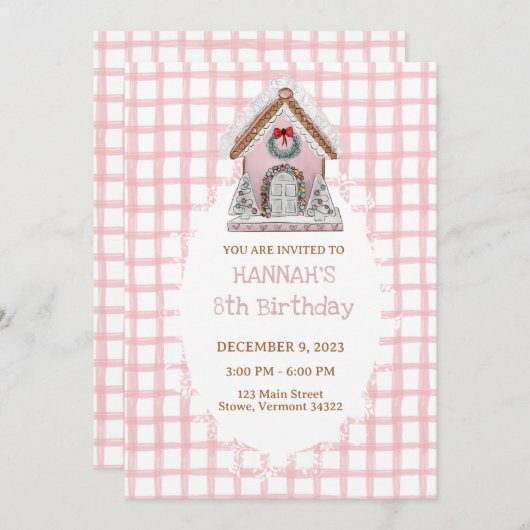 Pink Gingham Gingerbread Verjaardag Uitnodiging (Voorkant / Achterkant)