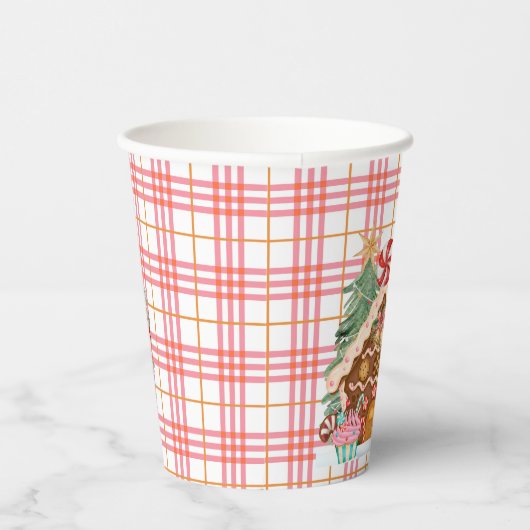 Pink Gingham Gingerbread Village Papieren Bekers (Rechts)