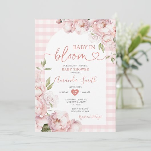 Pink Gingham Girl Baby shower Baby in Bloom Kaart (Staand voorkant)