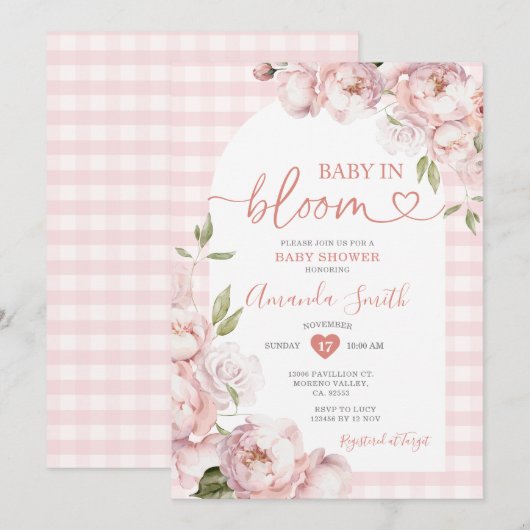 Pink Gingham Girl Baby shower Baby in Bloom Kaart (Voorkant / Achterkant)