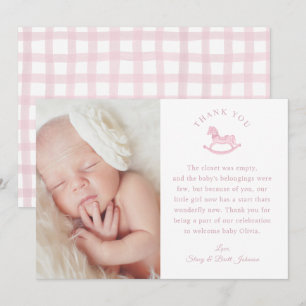 Pink Gingham Girl Baby shower foto Dank je wel kaa Bedankkaart