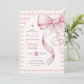 Pink Gingham Girl Doop Pink Bow Pearl Ketting Kaart (Staand voorkant)