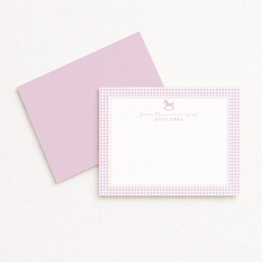 Pink Gingham  Girl  Nursery Note Card Aankondiging