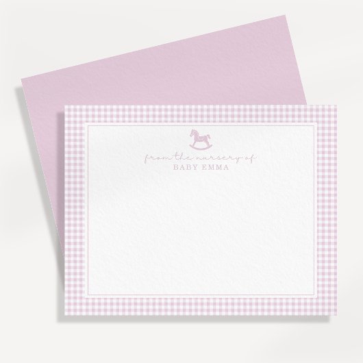 Pink Gingham  Girl  Nursery Note Card Aankondiging