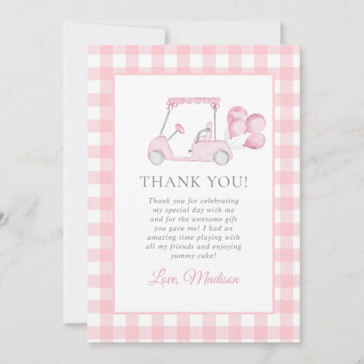 Pink Gingham Golf Girl 1e verjaardag Bedankkaart (Voorkant)