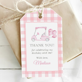 Pink Gingham Golf Girl 1e verjaardag Cadeaulabel