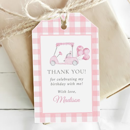 Pink Gingham Golf Girl 1e verjaardag Cadeaulabel
