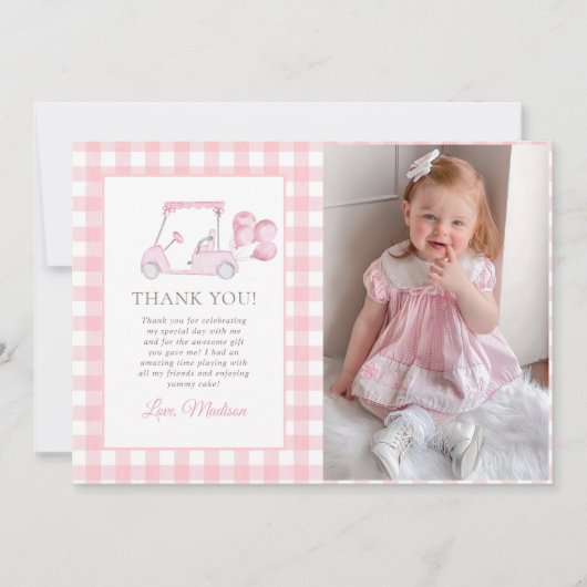 Pink Gingham Golf Girl 1e verjaardag foto Bedankkaart (Voorkant)